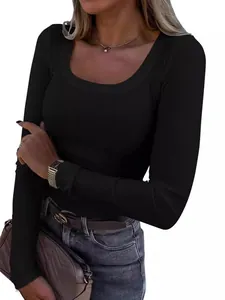 Elegant slim-fit black ribbed long sleeve T-shirt with deep U-neck for casual women's wear