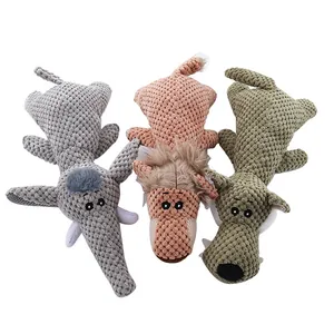 Set of three textured plush squeaky chew toys for dogs in elephant lion and wolf shapes