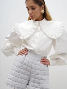 French style white cotton blouse with large ruffled Peter Pan collar and puff sleeves