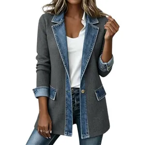 Chaqueta elegante para mujer con patchwork de denim y textura acanalada, cuello solapa