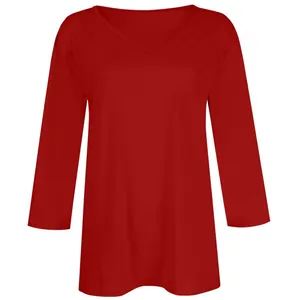 Front view of a classic red V-neck T-shirt with comfortable 3/4 sleeves for women.