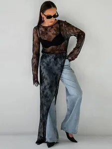 Robe Maxi pour Femmes Sexy Transparente en Dentelle avec Fente Haute Asymétrique Élégante Fleurie Manches Longues