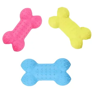 Close-up detail showing the textured surface of colorful bone-shaped dog chew toys