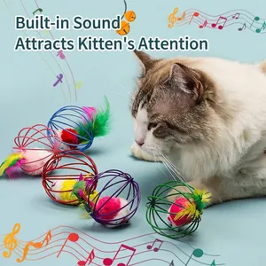 Interactive cat toy set with wire cage balls and feathered mice for indoor cats
