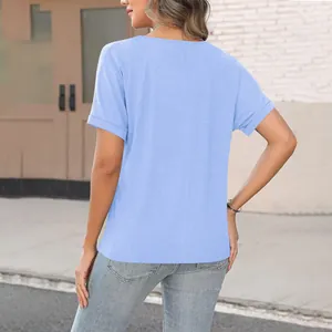Back view of a casual light blue short-sleeved t-shirt for women featuring a loose fit style