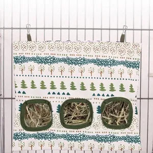 Hanging Pet Hay Feeder Bag For Rabbit Guinea Pig Chinchilla Large Capacity Printed Hay Storage Bag With Metal Hooks