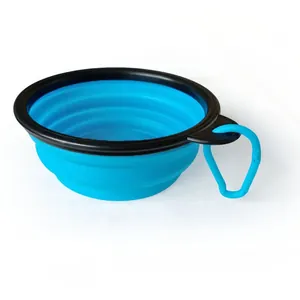 Portable blue collapsible silicone pet bowl with carabiner for outdoor dog travel