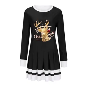Damen Weihnachts-Faltenkleid mit goldenem Rentierdruck und langen Ärmeln