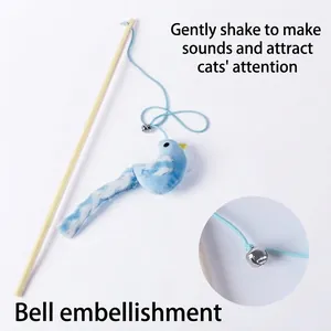 Interactive wooden cat teaser wand featuring a plush bird and a jingling metal bell