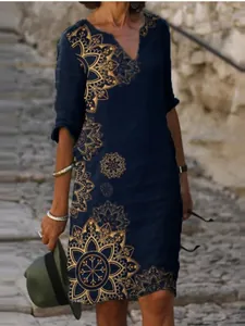 Vintage V-neck dress with golden mandala print for women, navy blue boho style wear