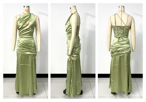 Detailed front, side and back views of a sage green satin one-shoulder pleated dress