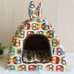 Colorful owl pattern pet yurt bed with soft interior cushion for small dogs and cats