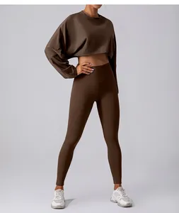 Brown cropped long-sleeve sweatshirt and matching high-waisted yoga leggings set