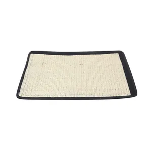 Natural sisal cat scratcher mat with black border for floor and furniture protection