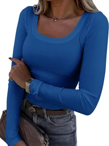 Royal blue ribbed long sleeve slim fit T-shirt with sexy U-neck design for women