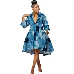 Full body view of slim fit V-neck lapel dress with blue denim patchwork print design