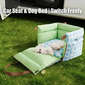 Siège auto et lit de voyage 2-en-1 pour chien en motif écossais vert et bleu