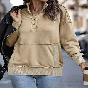 Women's casual khaki stand collar sweatshirt with button detail for autumn winter fashion