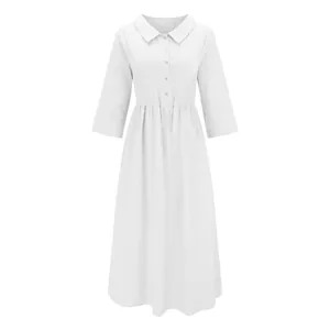 Detailed front view of a white casual cotton linen midi dress with shirt collar