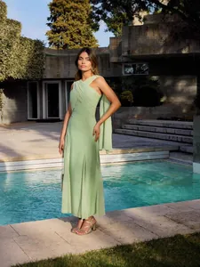 Robe Maxi Élégante en Mousseline pour Femmes Coupe Slim Dos Nu Croisé Ruban Couleur Unie Sexy Sans Manches Robe de Soirée
