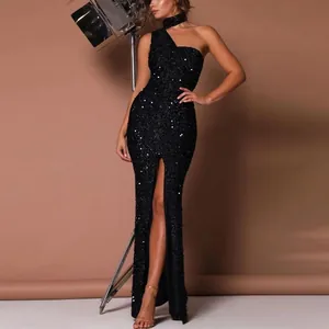 Elegant Women Sequin High Waist Maxi Dress Asymmetric Single Shoulder High Slit Evening Banquet Party Bodycon Long Dress