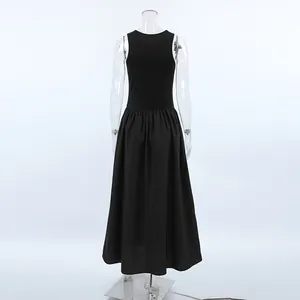 Detailed back view of a black sleeveless Hepburn style knit maxi dress on a mannequin