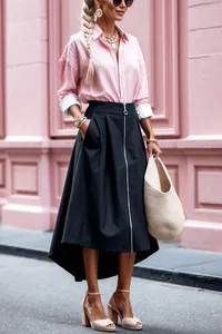 Street style model wearing a pink striped shirt and a black high-low skirt with front zip