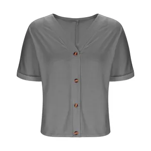 Front detail of women's grey V-neck button-up short sleeve loose T-shirt top
