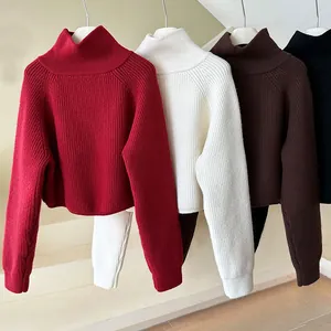 Dettaglio di maglioni corti in maglia a lupetto in vari colori autunnali caldi e soffici.