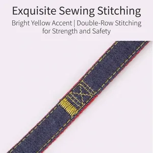 Close-up of durable denim dog leash detail featuring reinforced yellow double stitching