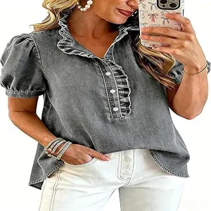 Trendy Y2K denim shirt with a ruffled collar and puff sleeves in a vintage grey wash