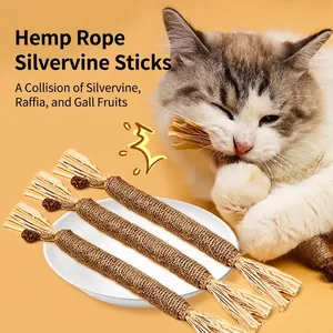Natural silvervine sticks with hemp rope for cat teeth cleaning and dental health toy