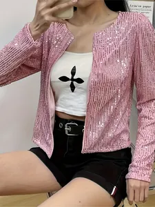 Close-up detail view of pink sequined short jacket for women featuring shiny vertical rows