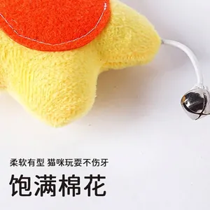 Plush cat teaser toy with soft cotton filling and a ringing bell for interactive play