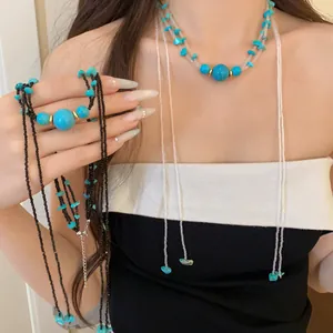 Detail of multi-layered necklace with turquoise-style beads and black strands.