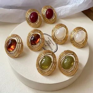 Vintage Harz Oval Ohrstecker Mit Silber Ohrringpfosten Elegant Goldene Geometrische Hohl Schmuck Für Frauen Party