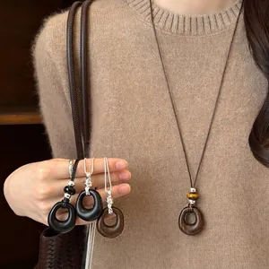 New Chinese Style Acrylic Round Pendant Necklace Vintage Faux Leather Cord Long Sweater Chain Women Fashion Jewelry