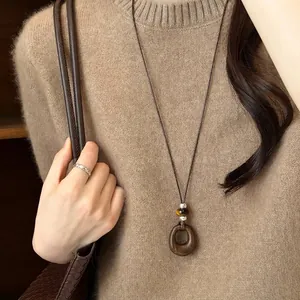 Minimalist New Chinese style retro long necklace with acrylic pendant and leather cord