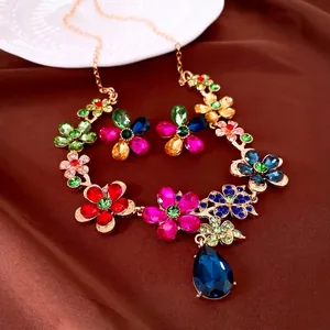 Alloy Rhinestone Flower Teardrop Jewelry Set Silver Post Necklace Earrings Set For Wedding Party Women Fashion Accessory
