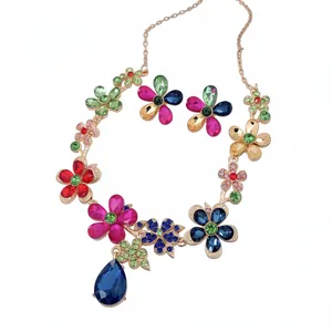 Vibrant multi-color floral necklace and teardrop crystal earring set for banquets.