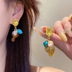 Vintage Maillard Style Alloy Leaf Tassel Drop Earrings With 925 Sterling Silver Post Artificial Pearl Resin Stone Jewelry For Women