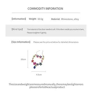 English info card showing rhinestone flower jewelry set material and size details