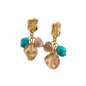 Vintage Maillard style gold-tone dangle earrings with turquoise stones and leaf beads