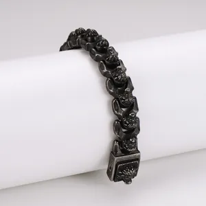 Detailed view of punk vintage lion head link bracelet in antique black stainless steel