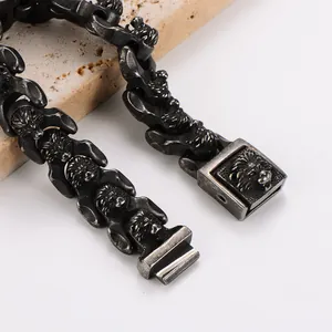 Macro detail view of vintage lion head stainless steel punk bracelet clasp mechanism