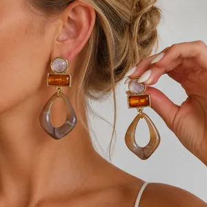 Pendientes de Gota Geométricos de Acrílico con Estampado de Mármol Vintage Para Mujer Poste de Plata de Ley 925 Joyería Estética