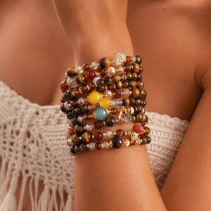 Vintage Tiger Eye Stone Glass Beaded Bracelet For Women Bohemian Retro Brown Gold Alloy Pendant Handmade Jewelry Gift