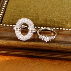 Elegant silver-tone open rings set with sparkling pave zircon and hollow round design