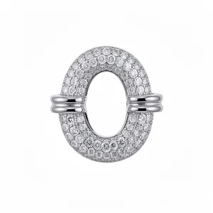 Elegant silver oval open ring with micro-pave zircon stones and unique hollow center