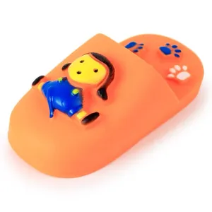 Vibrant orange squeaky vinyl slipper dog toy with cute cartoon character for molars